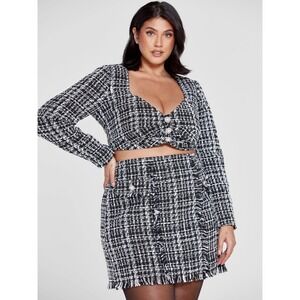 Fashion To Figure Tweed Skirt Set Sz 1X Black White Pearls Buttons Crop‎ Mini